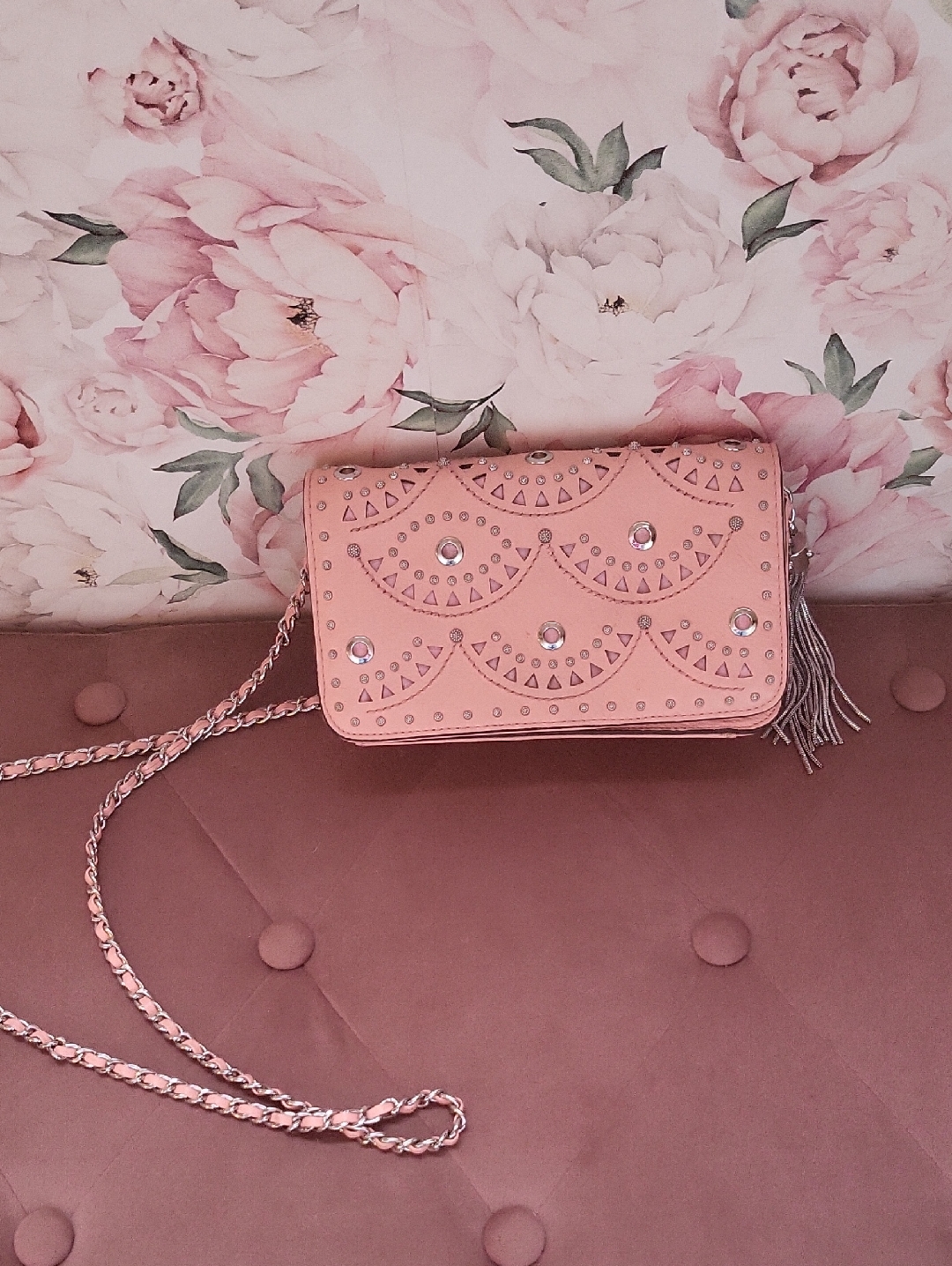Pink Studded Crossbody Bag With Tassel